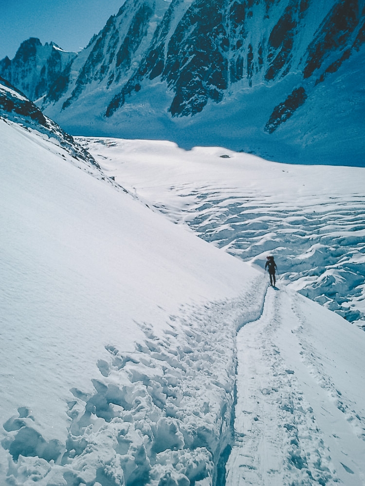 Första dagen på Haute Route med Argentiere Glaciären i bakgrunden. Foto: Andreas Bengtsson